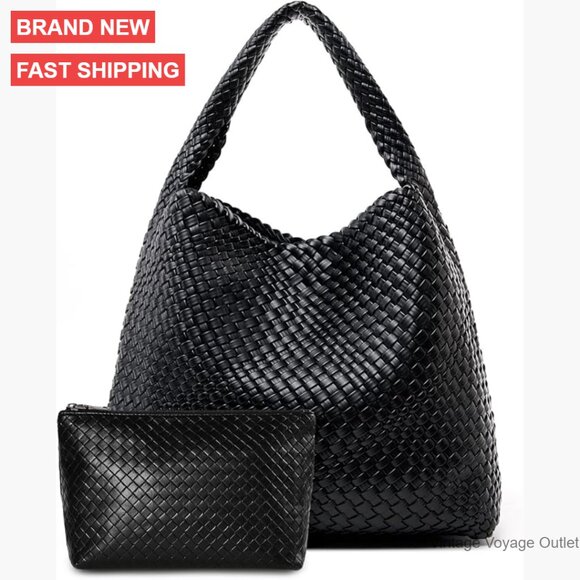 Large Woven Tote Bag with Clutch Vegan Leather Shoulder Strap Spacious